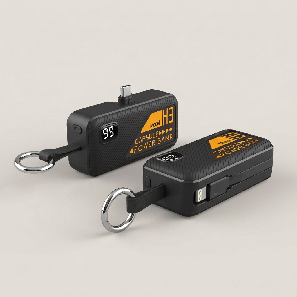Black Key Capsule showing center USB-C connector and separate Lightning cable