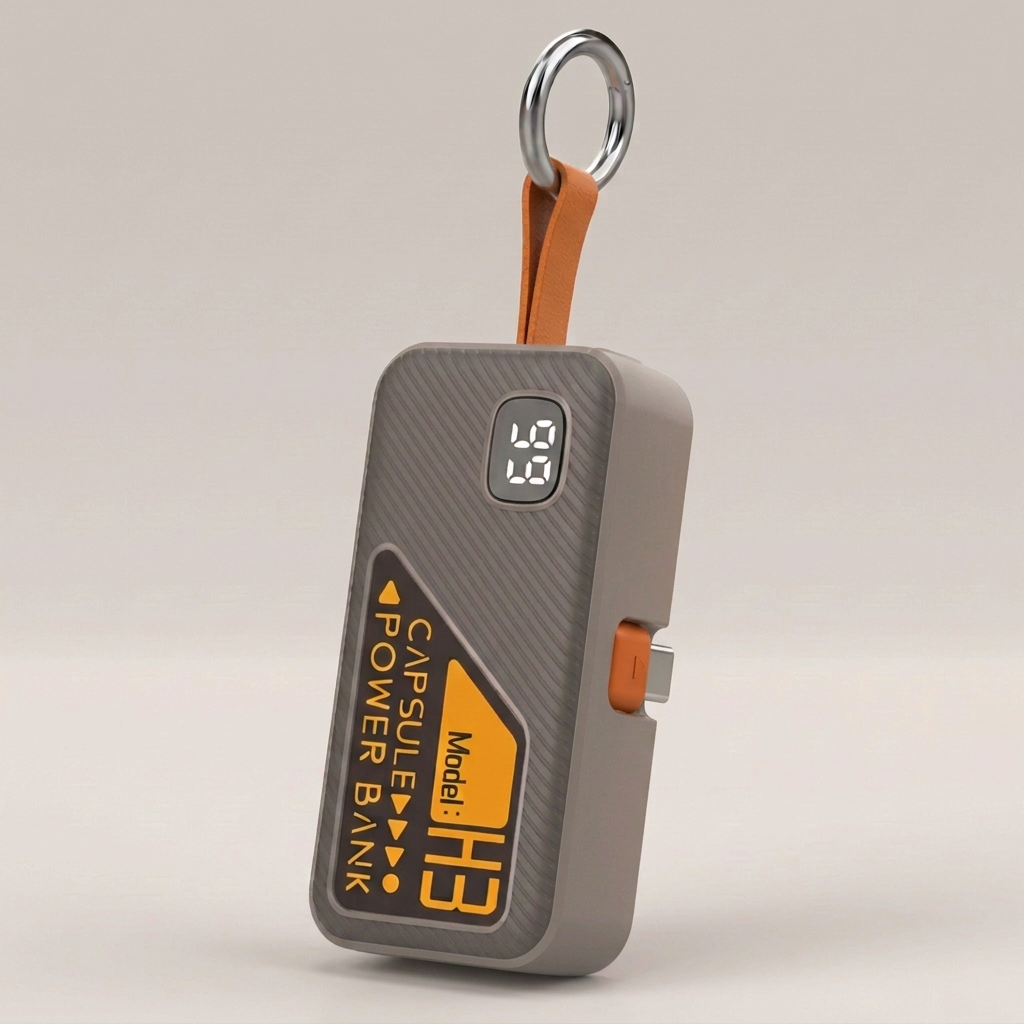 Gray Key Capsule with folded USB-C connector, orange strap and silver keyring
