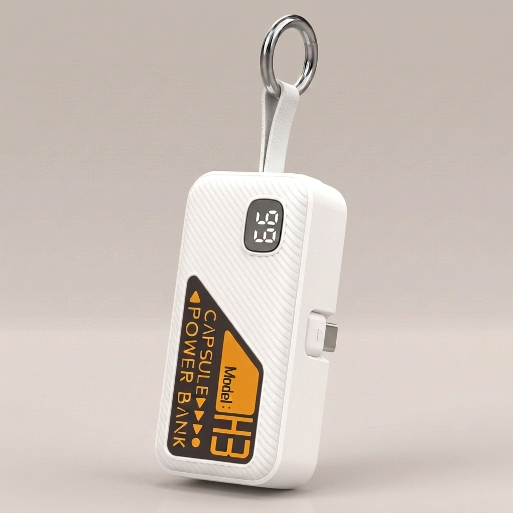 White Key Capsule power bank with folded USB-C detail, white strap and silver ring