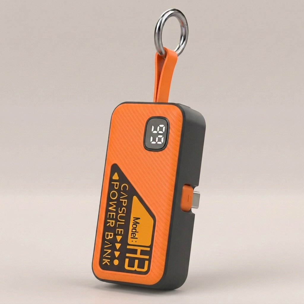 Orange Key Capsule power bank with folded USB-C detail and silver keyring