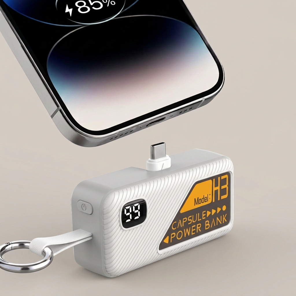 White Key Capsule USB-C connector aligned below a phone